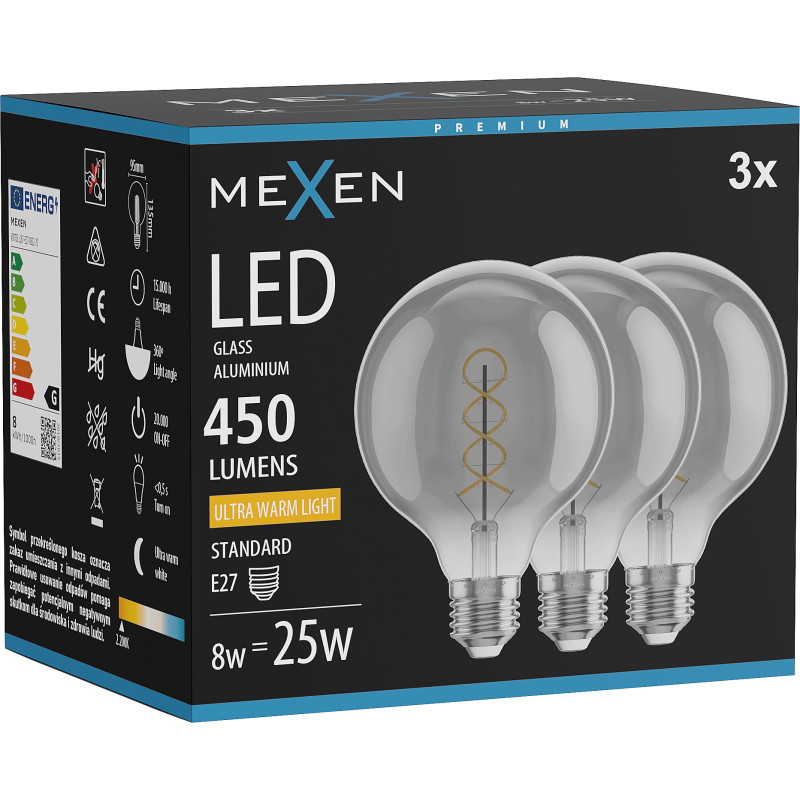 Mexen Vintis 3x žiarovka filament špirála LED E27, G95, 8W, Teplá - 2200K, 450 lm, dymová - L167-E27-0822-70x03