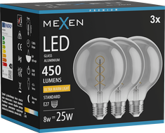 Mexen Vintis 3x žiarovka filament špirála LED E27, G95, 8W, Teplá - 2200K, 450 lm, dymová - L167-E27-0822-70x03