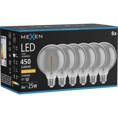 Mexen Vintis 6x žiarovka filament špirála LED E27, G95, 8W, Teplá - 2200K, 450 lm, dymová - L167-E27-0822-70x06