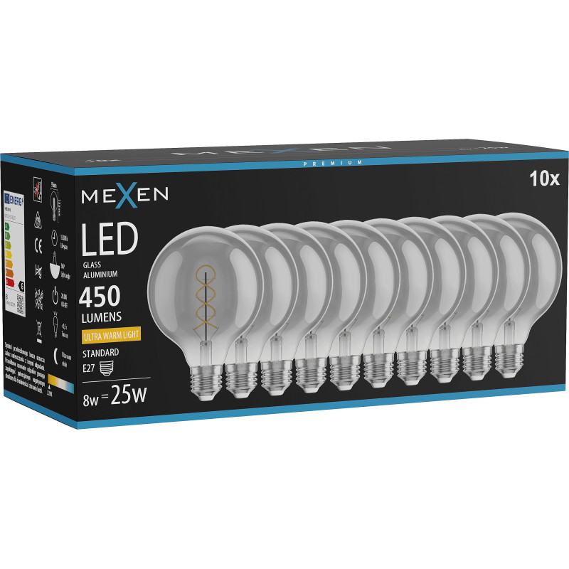 Mexen Vintis 10x žiarovka filament špirála LED E27, G95, 8W, Teplá - 2200K, 450 lm, dymová - L167-E27-0822-70x10