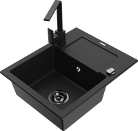 Mexen Enzo kuchynský drez z granitu 1-komorový s odkvapkávačom a kuchynskou batériou Rita, čierny - 6506-77-670300-70-B
