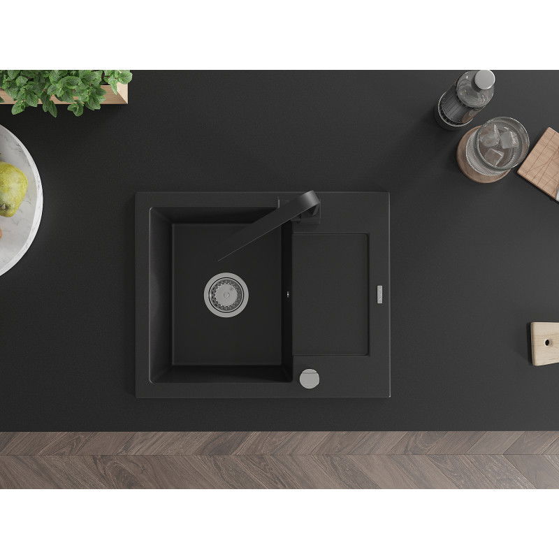 Mexen Enzo granitový drez s 1 komorou a odkvapkávačom a kuchynskou batériou Rita, čierny - 6506-77-670300-70