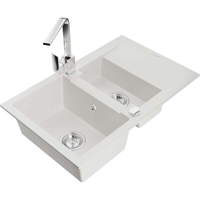 Mexen Gaspar granitový drez 1,5-komorový s odkvapkávačom a kuchynskou batériou Rita, biely - 6507-20-670300-00