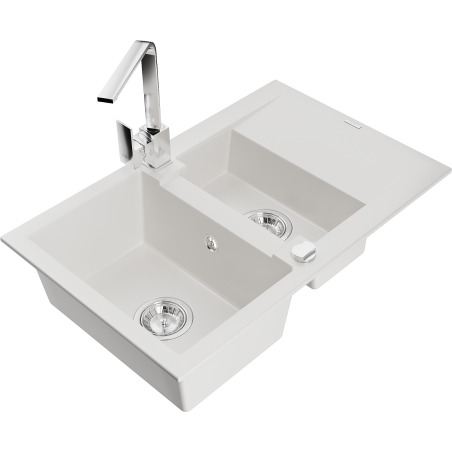 Mexen Gaspar granitový drez 1,5-komorový s odkvapkávačom a kuchynskou batériou Rita, biely - 6507-20-670300-00