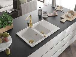 Mexen Gaspar granitový drez 1,5-komorový s odkvapkávačom a kuchynskou batériou Rita, biely - 6507-20-670300-50