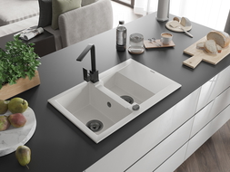 Mexen Gaspar žulový drez 1,5-komorový s odkvapkávacou plochou a kuchynskou batériou Rita, biela - 6507-20-670300-70