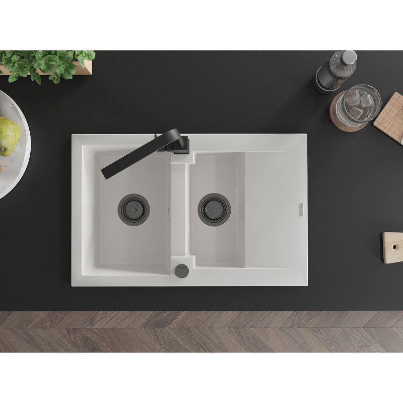 Mexen Gaspar žulový drez 1,5-komorový s odkvapkávacou plochou a kuchynskou batériou Rita, biela - 6507-20-670300-70