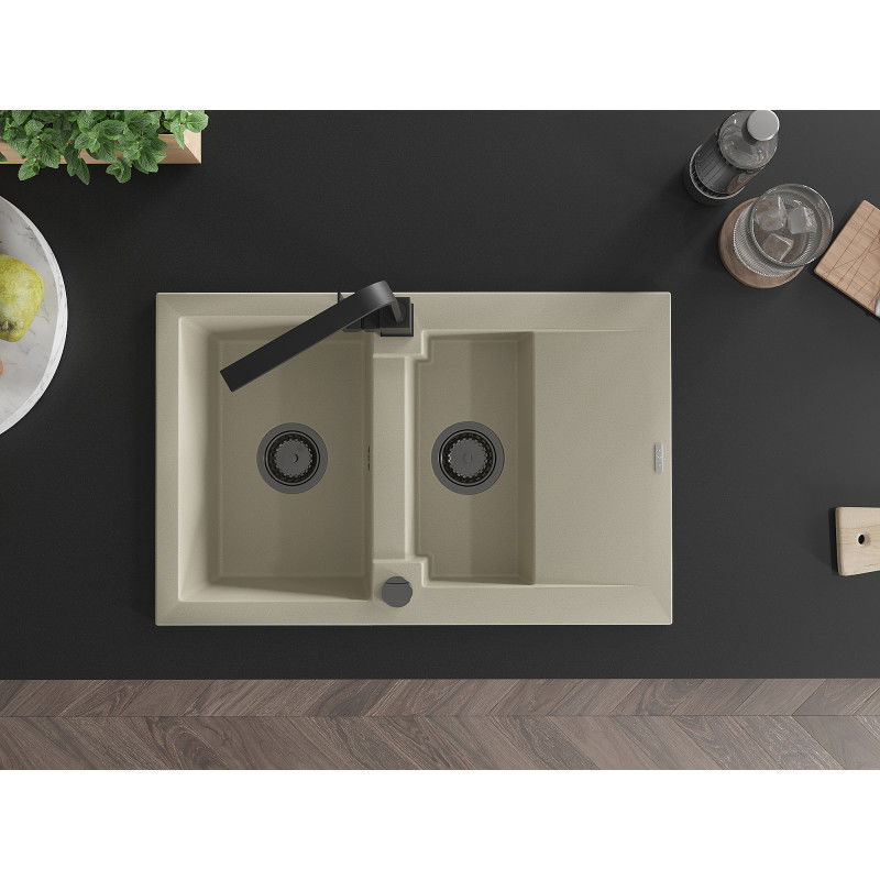 Mexen Gaspar žulový kuchynský drez 1,5-komorový s odkvapkávací plochouk a kuchynskou batériou Rita, béžový - 6507-69-670300-70