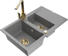 Mexen Gaspar žulový drez s 1,5 komorou s odkvapkávačom a kuchynskou batériou Rita, sivý - 6507-71-670300-50