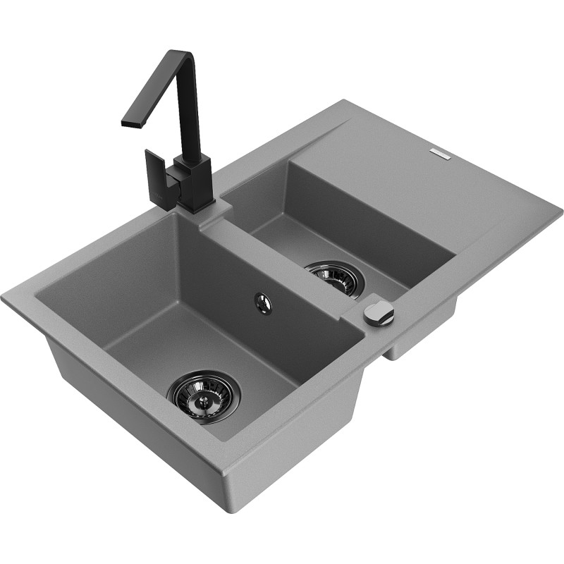 Mexen Gaspar granitový drez 1,5-komorový s odkvapkávačom a kuchynskou batériou Rita, sivý - 6507-71-670300-70-B