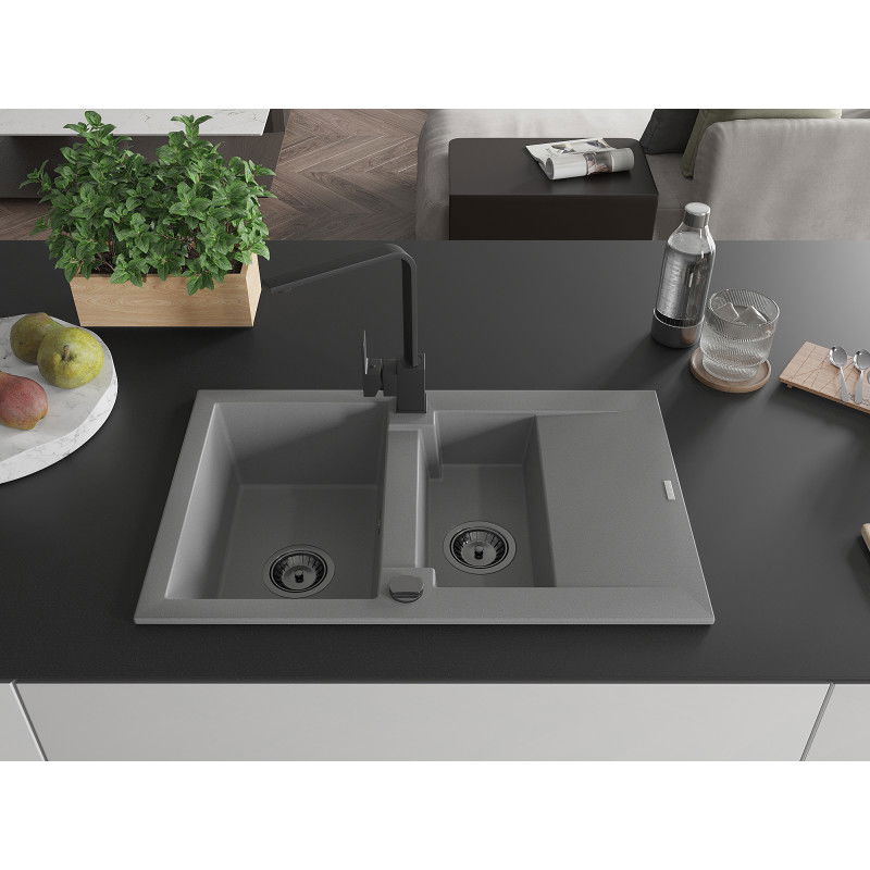 Mexen Gaspar žulový drez s 1,5 komorami s odkvapkávačom a kuchynskou batériou Rita, sivý - 6507-71-670300-70-B