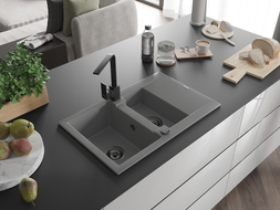 Mexen Gaspar žulový drez s 1,5 komorami s odkvapkávačom a kuchynskou batériou Rita, sivý - 6507-71-670300-70-B