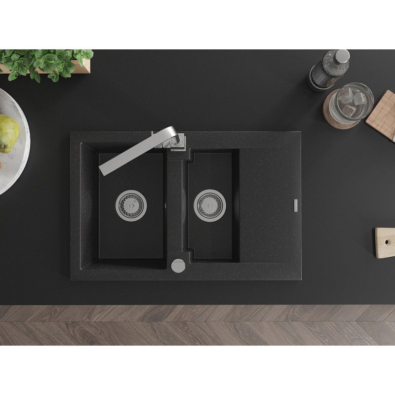 Mexen Gaspar žulový kuchynský drez s 1,5 komorami s odkvapkávačom a kuchynskou batériou Rita, čierny/strieborný
