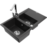 Mexen Gaspar žulový kuchynský drez s 1,5 komorami s odkvapkávačom a kuchynskou batériou Rita, čierny/strieborný
