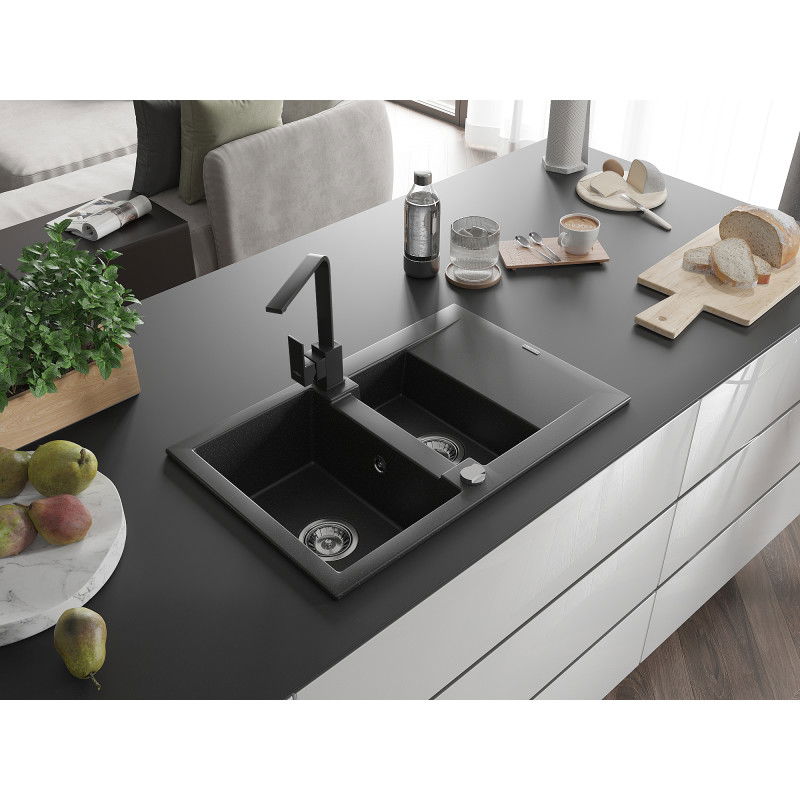 Mexen Gaspar granitový drez 1,5-komorový s odkvapkávačom a kuchynskou batériou Rita, čierny/strieborný metalický