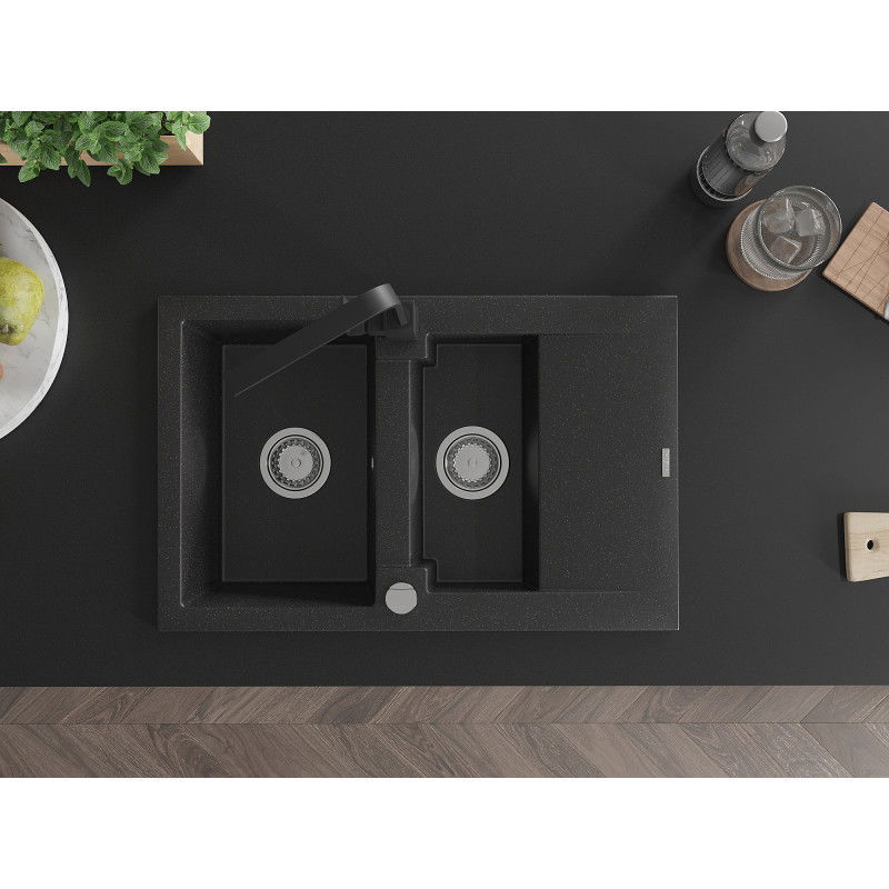 Mexen Gaspar granitový drez 1,5-komorový s odkvapkávačom a kuchynskou batériou Rita, čierny/strieborný metalický