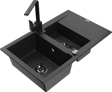 Mexen Gaspar žulový drez 1,5-komorový so sušičkou a kuchynskou batériou Rita, čierny/strieborný - 6507-73-670300-70-B