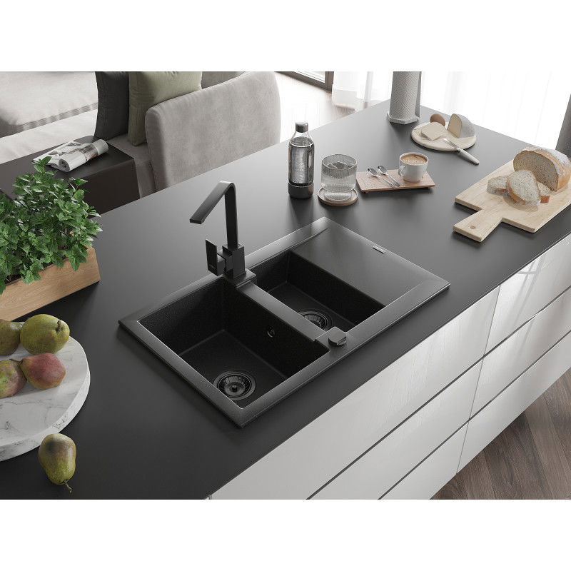 Mexen Gaspar žulový drez 1,5-komorový so sušičkou a kuchynskou batériou Rita, čierny/strieborný - 6507-73-670300-70-B