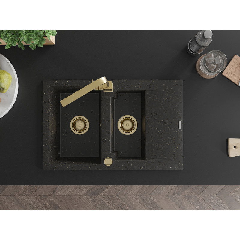Mexen Gaspar žulový kuchynský drez 1,5-komorový s odkvapkávačom a kuchynskou batériou Rita, čierny/zlatý - 6507-75-670300-50