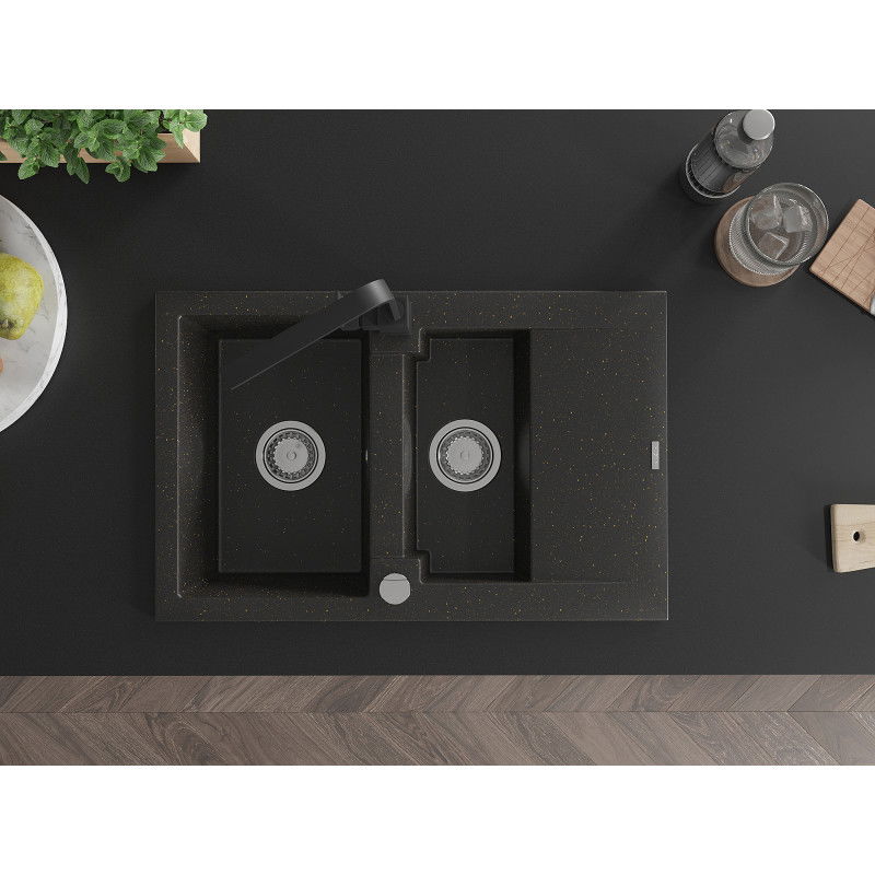 Mexen Gaspar granitový drez 1,5-komorový s odkvapkávačom a kuchynskou batériou Rita, čierny/zlatý - 6507-75-670300-70