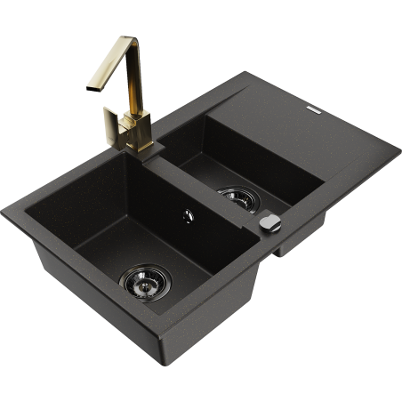 Mexen Gaspar žulový kuchynský drez 1,5-komorový s odkvapkávačom a kuchynskou batériou Rita, čierna/zlatá - 6507-75-670300-50-B