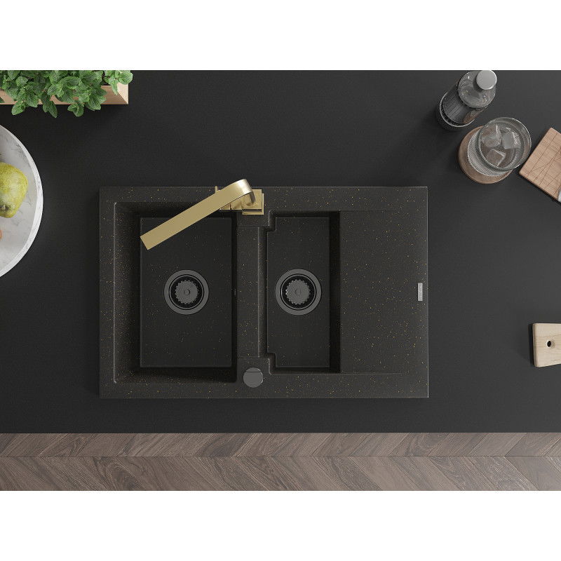 Mexen Gaspar žulový kuchynský drez 1,5-komorový s odkvapkávačom a kuchynskou batériou Rita, čierna/zlatá - 6507-75-670300-50-B