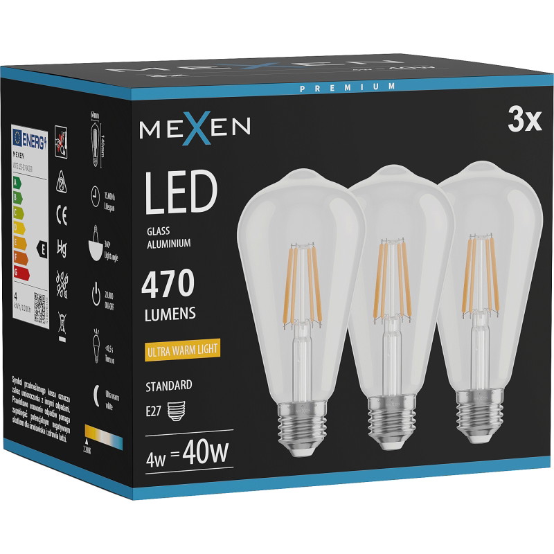 Mexen Vintis 3x Žiarovka filament LED E27, ST64, 4W, Teplá - 2200K, 470 lm, číra - L152-E27-0422-00x03