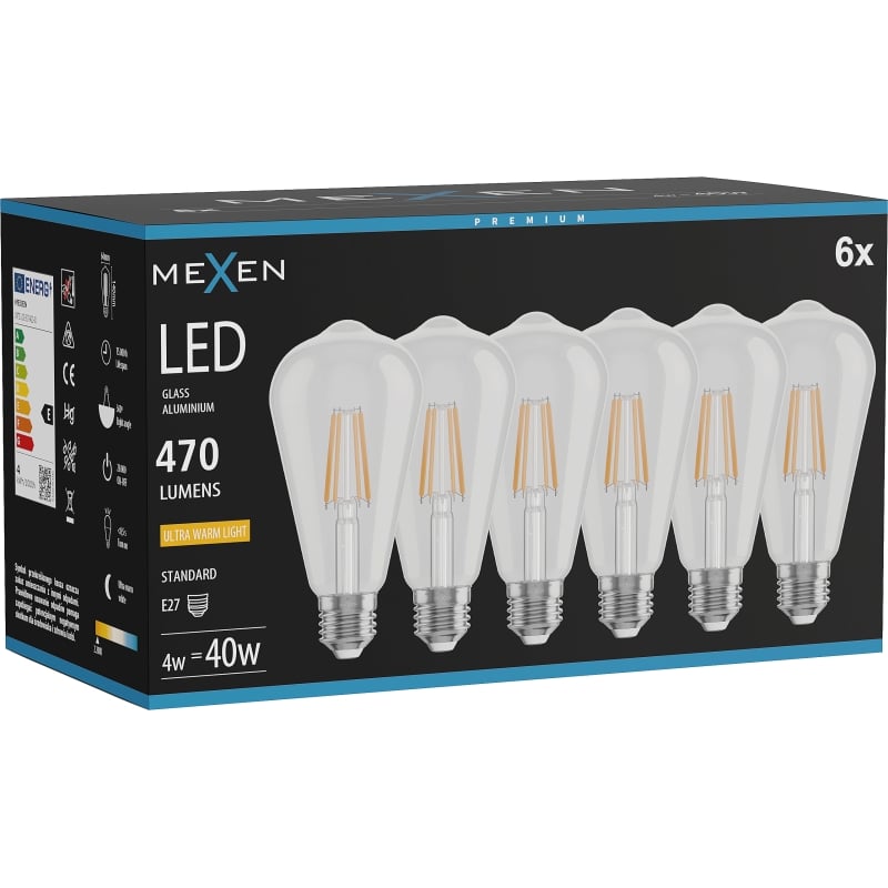 Mexen Vintis 6x LED vlákno žiarovka E27, ST64, 4W, Teplá - 2200K, 470 lm, číra - L152-E27-0422-00x06