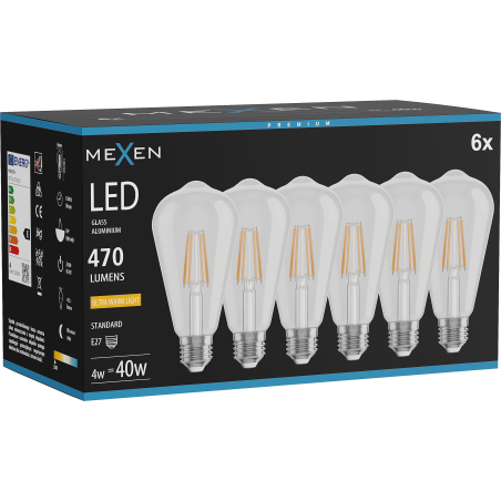 Mexen Vintis 6x LED vlákno žiarovka E27, ST64, 4W, Teplá - 2200K, 470 lm, číra - L152-E27-0422-00x06