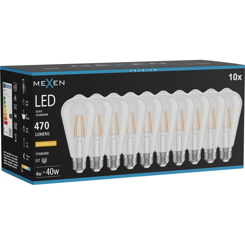 Mexen Vintis 10x Žiarovka filament LED E27, ST64, 4W, Teplá - 2200K, 470 lm, číra - L152-E27-0422-00x10