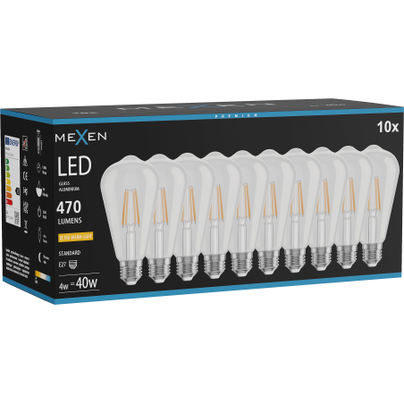 Mexen Vintis 10x Žiarovka filament LED E27, ST64, 4W, Teplá - 2200K, 470 lm, číra - L152-E27-0422-00x10