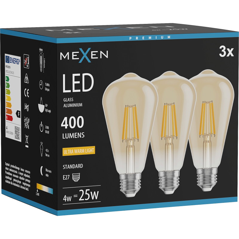 Mexen Vintis 3x LED žiarovka filament E27, ST64, 4W, Teplá - 2200K, 400 lm, amber - L152-E27-0422-50x03