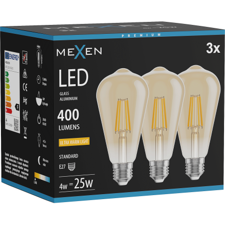 Mexen Vintis 3x LED žiarovka filament E27, ST64, 4W, Teplá - 2200K, 400 lm, amber - L152-E27-0422-50x03