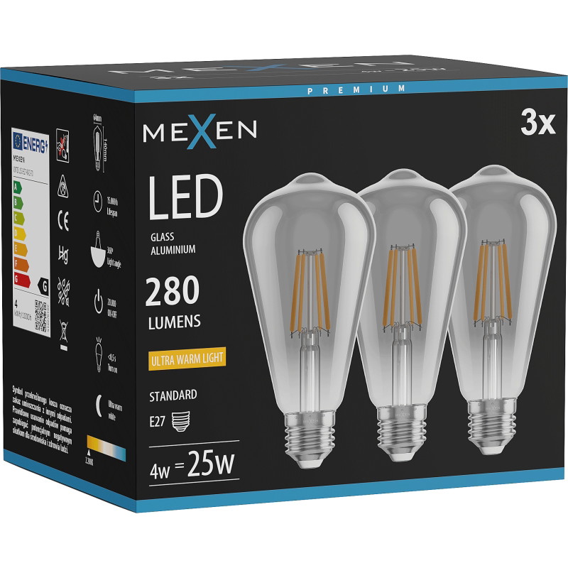 Mexen Vintis 3x LED závitková žiarovka E27, ST64, 4W, Teplá - 2200K, 300 lm, dymová - L152-E27-0422-70x03