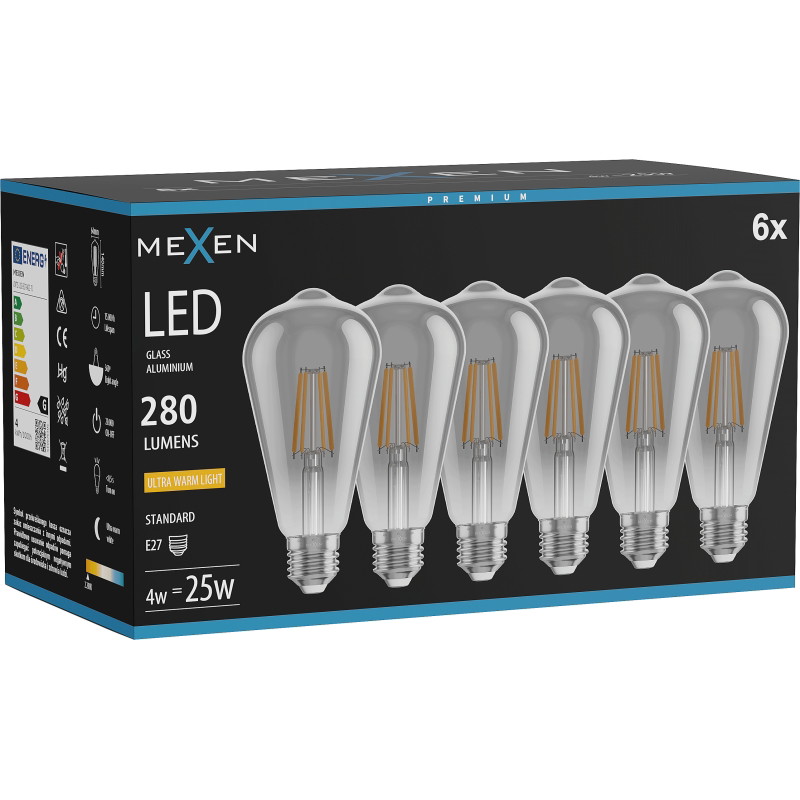 Mexen Vintis 6x Žiarovka filament LED E27, ST64, 4W, Teplá - 2200K, 300 lm, dymová - L152-E27-0422-70x06
