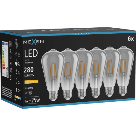 Mexen Vintis 6x Žiarovka filament LED E27, ST64, 4W, Teplá - 2200K, 300 lm, dymová - L152-E27-0422-70x06