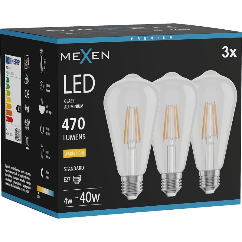 Mexen Vintis 3x Žiarovka filament LED E27, ST64, 4W, Teplá - 2700K, 470 lm, číra - L152-E27-0427-00x03
