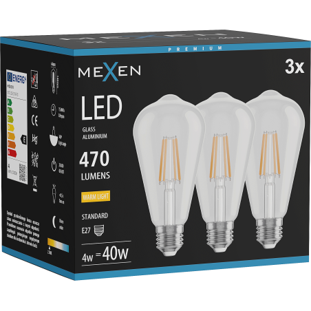 Mexen Vintis 3x Žiarovka filament LED E27, ST64, 4W, Teplá - 2700K, 470 lm, číra - L152-E27-0427-00x03