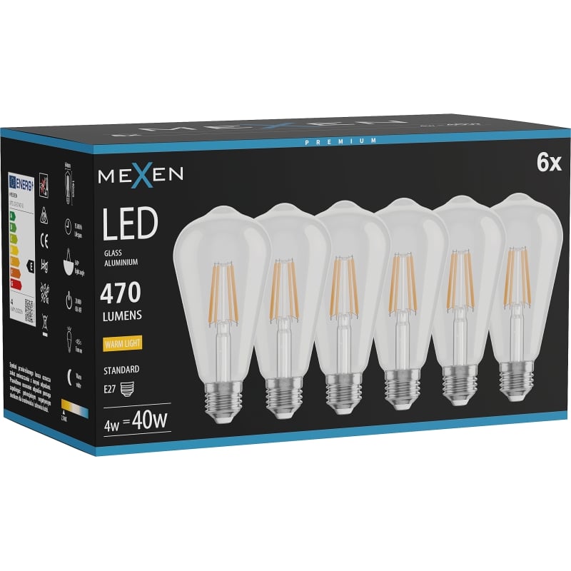 Mexen Vintis 6x Žiarovka filament LED E27, ST64, 4W, Teplá - 2700K, 470 lm, číra - L152-E27-0427-00x06