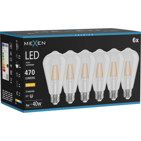 Mexen Vintis 6x Žiarovka filament LED E27, ST64, 4W, Teplá - 2700K, 470 lm, číra - L152-E27-0427-00x06