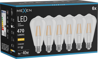 Mexen Vintis 6x Žiarovka filament LED E27, ST64, 4W, Teplá - 2700K, 470 lm, číra - L152-E27-0427-00x06
