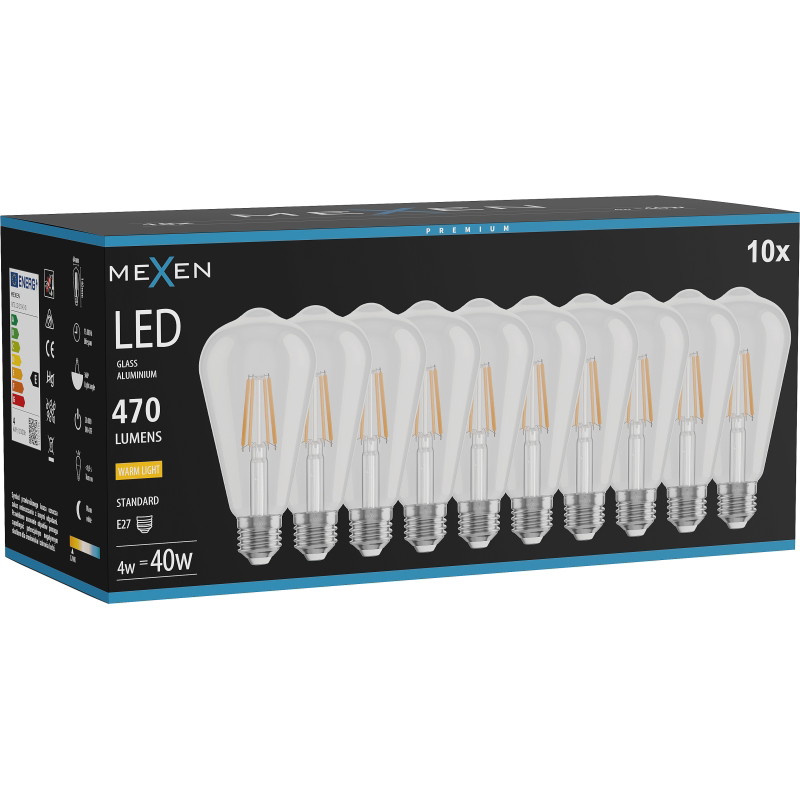 Mexen Vintis 10x žiarovka filament LED E27, ST64, 4W, Teplá - 2700K, 470 lm, číra - L152-E27-0427-00x10