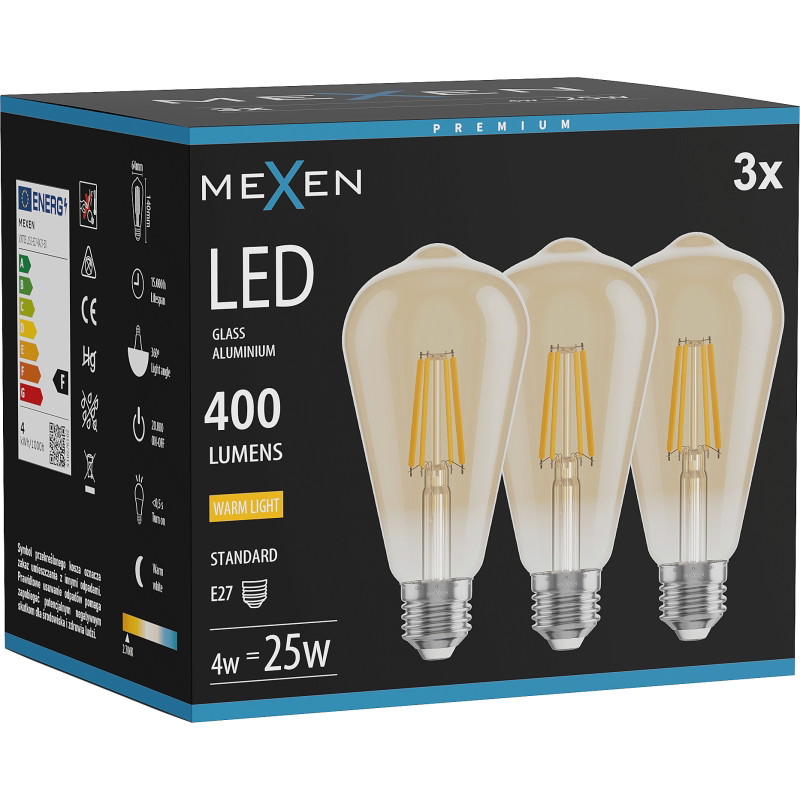 Mexen Vintis 3x LED filamentová žiarovka E27, ST64, 4W, Teplá - 2700K, 400 lm, jantárová - L152-E27-0427-50x03