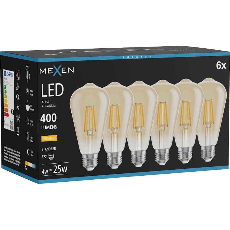 Mexen Vintis 6x Žiarovka filament LED E27, ST64, 4W, Teplá - 2700K, 400 lm, amber - L152-E27-0427-50x06