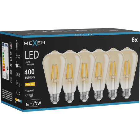 Mexen Vintis 6x Žiarovka filament LED E27, ST64, 4W, Teplá - 2700K, 400 lm, amber - L152-E27-0427-50x06