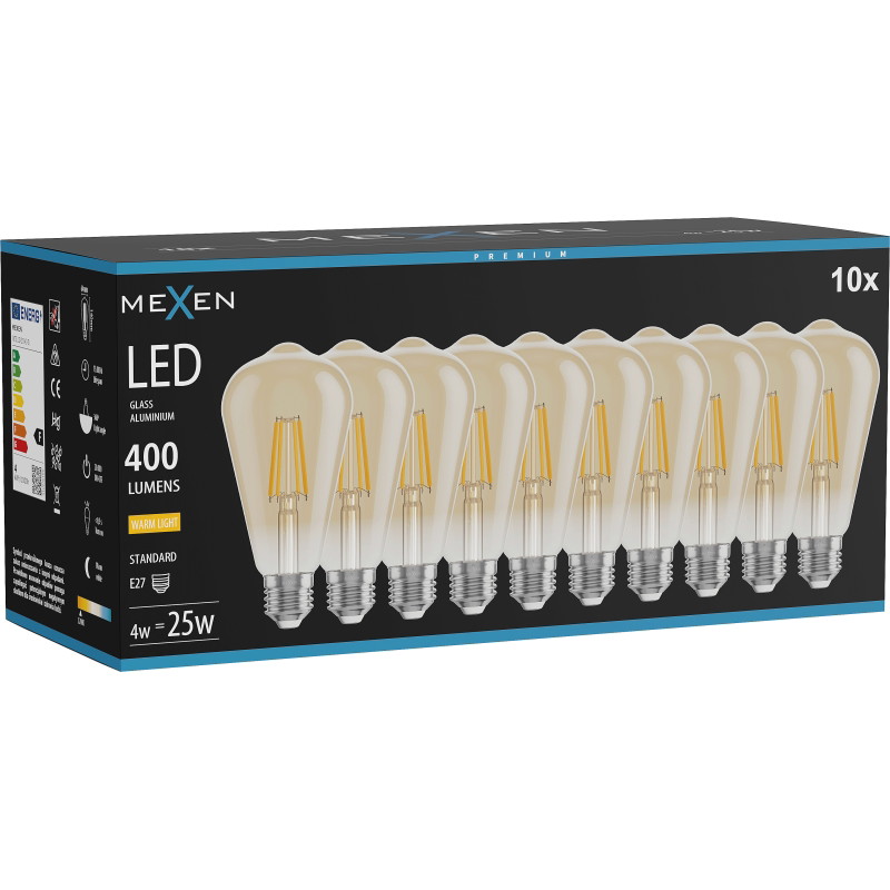 Mexen Vintis 10x Žiarovka filament LED E27, ST64, 4W, Teplá - 2700K, 400 lm, jantárová - L152-E27-0427-50x10