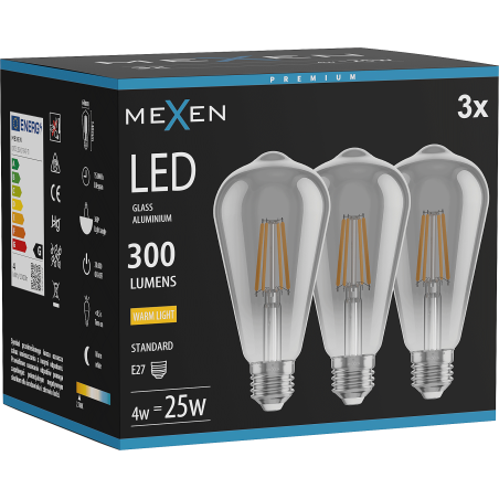 Mexen Vintis 3x Žiarovka filament LED E27, ST64, 4W, Teplá - 2700K, 300 lm, dym - L152-E27-0427-70x03