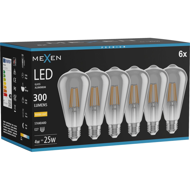 Mexen Vintis 6x LED žiarovka filament E27, ST64, 4W, Teplá - 2700K, 300 lm, dymová - L152-E27-0427-70x06