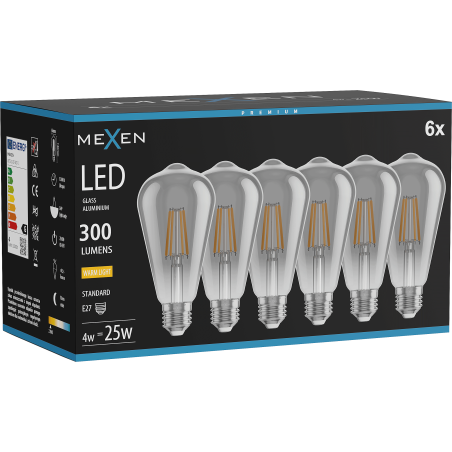 Mexen Vintis 6x LED žiarovka filament E27, ST64, 4W, Teplá - 2700K, 300 lm, dymová - L152-E27-0427-70x06