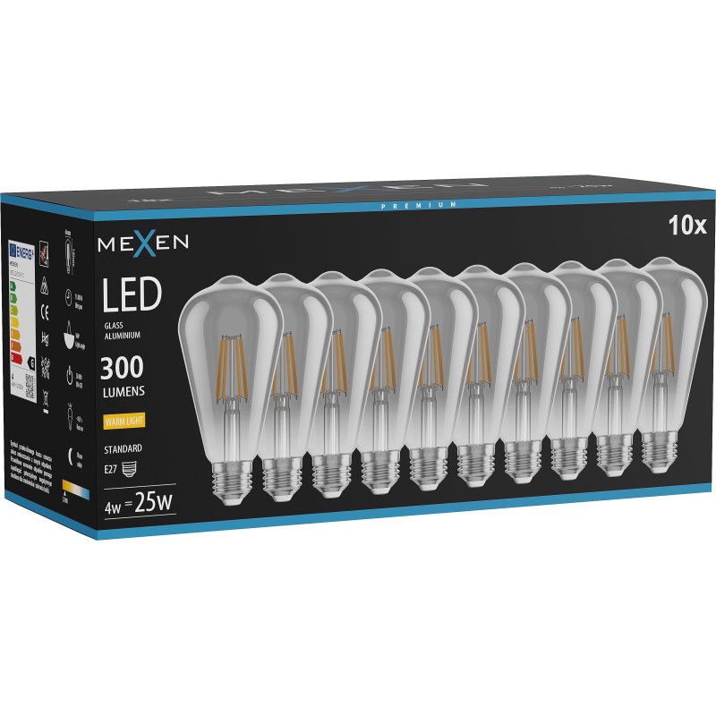 Mexen Vintis 10x žiarovka filament LED E27, ST64, 4W, Teplá - 2700K, 300 lm, dymová - L152-E27-0427-70x10